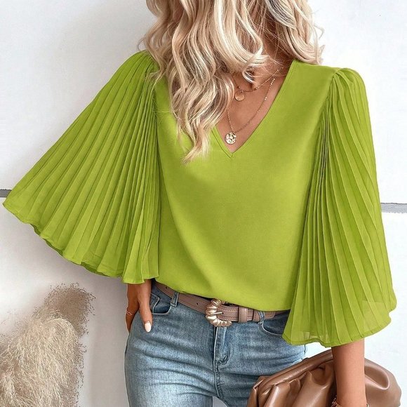 Pleated Sleeve V Neck Blouse Green - Picture 2 of 5